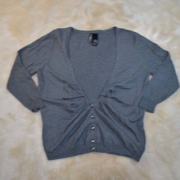 Bisou Bisou Gray Cotton Cardigan Sweater V Neck Button Up Women’s Size Large - Picture 2 of 9